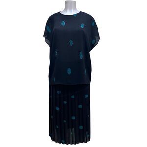 Vtg MAAS Brothers Blouse & Skirt 2Pc Set Size 14 Black Teal Printed Embellished